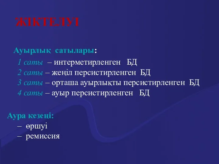 ЖІКТЕЛУІ Ауырлық сатылары: 1 саты – интерметирленген БД 2 саты