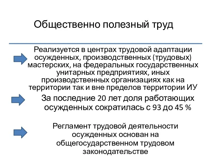 Общественно полезный труд Реализуется в центрах трудовой адаптации осужденных, производственных