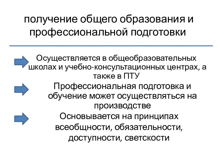 получение общего образования и профессиональной подготовки Осуществляется в общеобразовательных школах