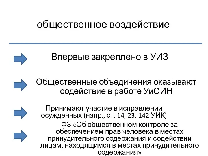 общественное воздействие Впервые закреплено в УИЗ Общественные объединения оказывают содействие