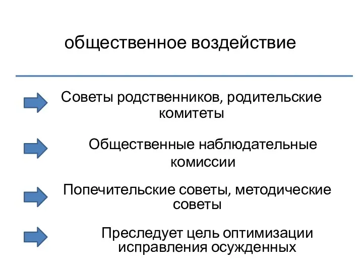 общественное воздействие Советы родственников, родительские комитеты Общественные наблюдательные комиссии Попечительские