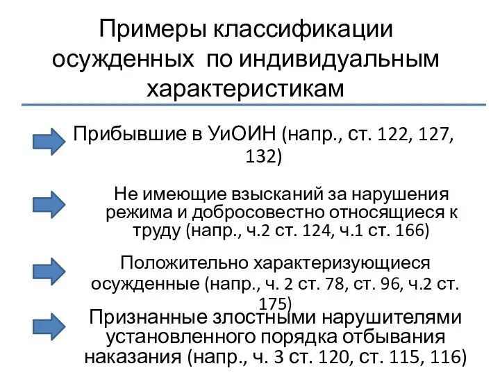 Примеры классификации осужденных по индивидуальным характеристикам Прибывшие в УиОИН (напр.,