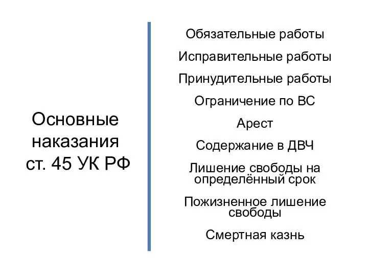 Основные наказания ст. 45 УК РФ Обязательные работы Исправительные работы
