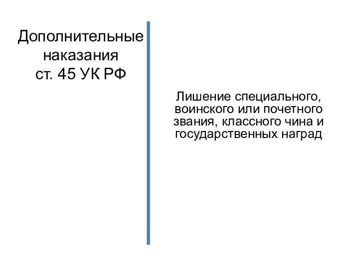 Дополнительные наказания ст. 45 УК РФ Лишение специального, воинского или