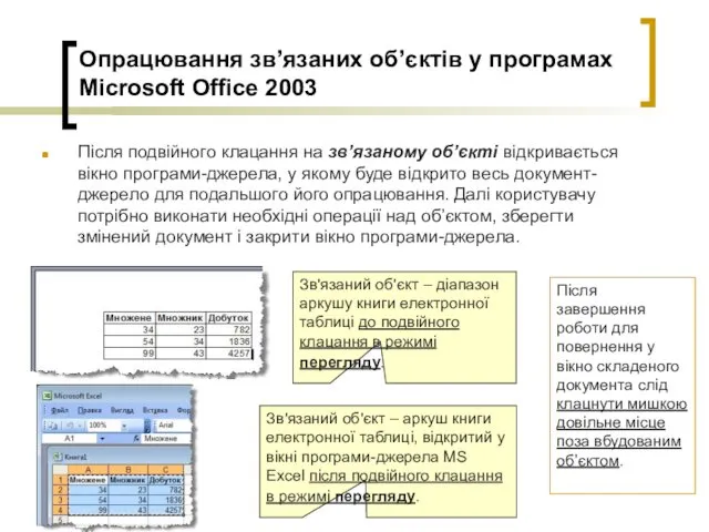 Опрацювання зв’язаних об’єктів у програмах Microsoft Office 2003 Після подвійного клацання на зв’язаному