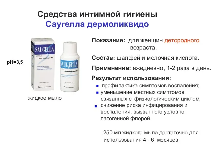 Показание: для женщин детородного возраста. Состав: шалфей и молочная кислота.