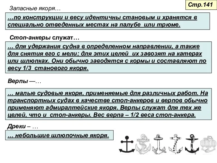 Запасные якоря… …по конструкции и весу идентичны становым и хранятся