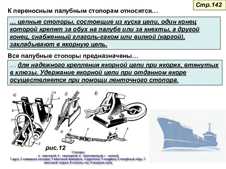 К переносным палубным стопорам относятся… … цепные стопоры, состоящие из