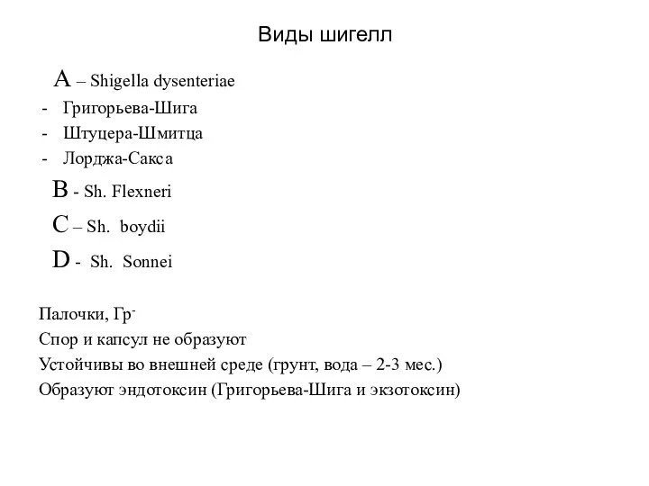 Виды шигелл А – Shigella dysenteriae Григорьева-Шига Штуцера-Шмитца Лорджа-Сакса В