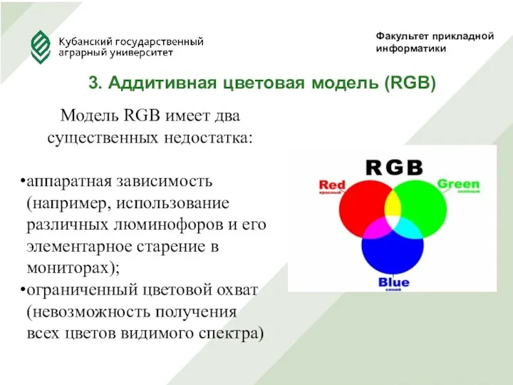 Факультет прикладной информатики 3. Аддитивная цветовая модель (RGB) Модель RGB имеет два существенных
