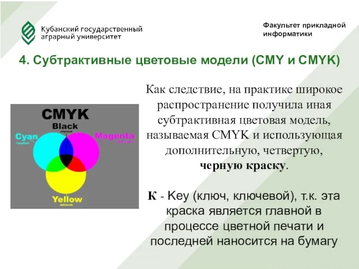 Факультет прикладной информатики 4. Субтрактивные цветовые модели (CMY и CMYK) Как следствие, на