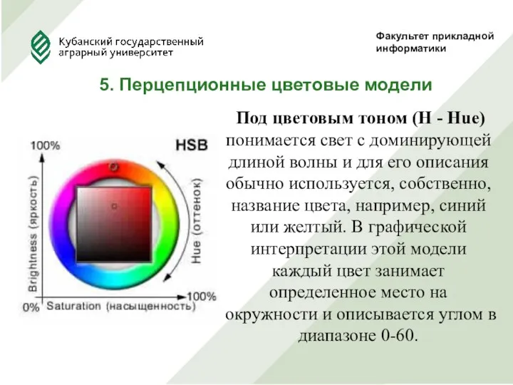 Факультет прикладной информатики 5. Перцепционные цветовые модели Под цветовым тоном (Н - Hue)