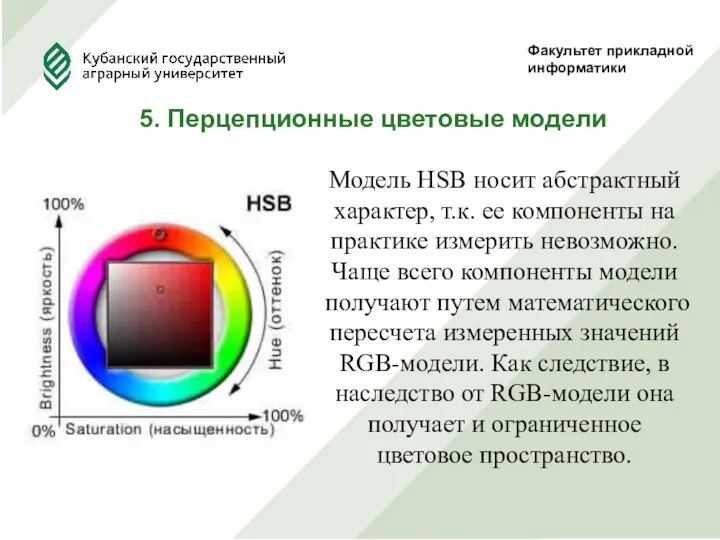 Факультет прикладной информатики 5. Перцепционные цветовые модели Модель HSB носит абстрактный характер, т.к.