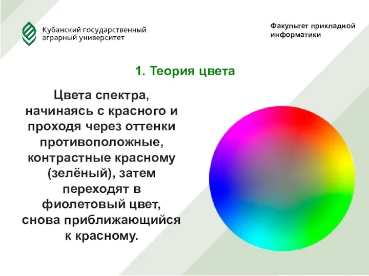 Факультет прикладной информатики 1. Теория цвета Цвета спектра, начинаясь с красного и проходя