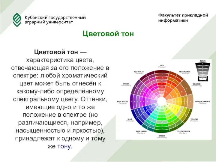 Факультет прикладной информатики Цветовой тон Цветовой тон — характеристика цвета, отвечающая за его