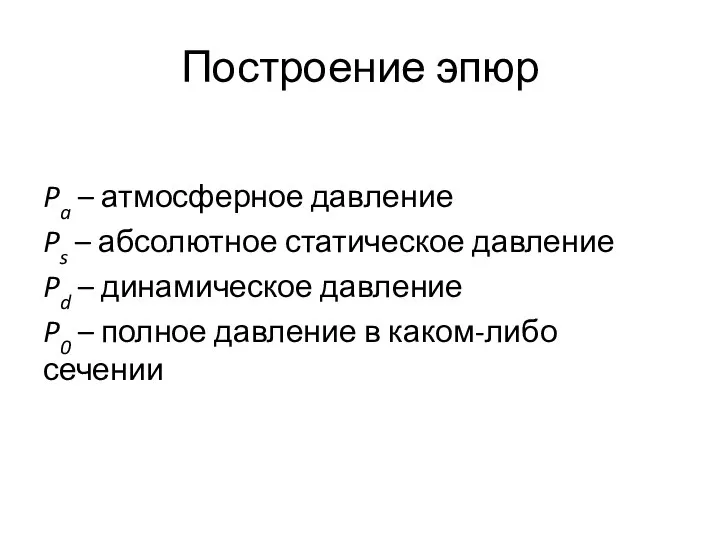 Построение эпюр Pa – атмосферное давление Ps – абсолютное статическое