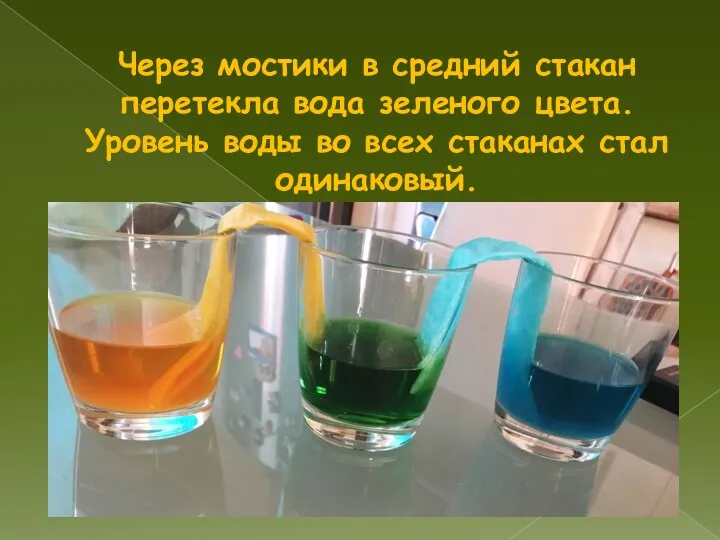 Через мостики в средний стакан перетекла вода зеленого цвета. Уровень воды во всех стаканах стал одинаковый.