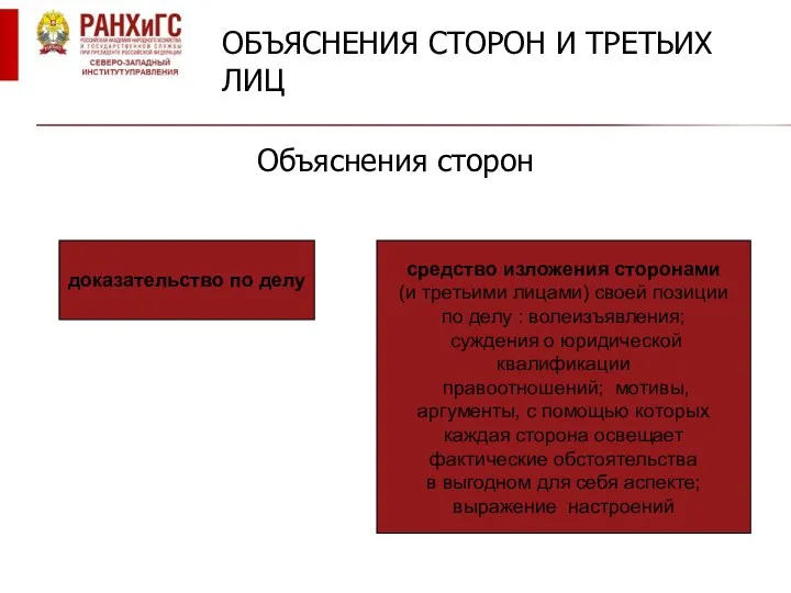 ОБЪЯСНЕНИЯ СТОРОН И ТРЕТЬИХ ЛИЦ Объяснения сторон доказательство по делу средство изложения сторонами