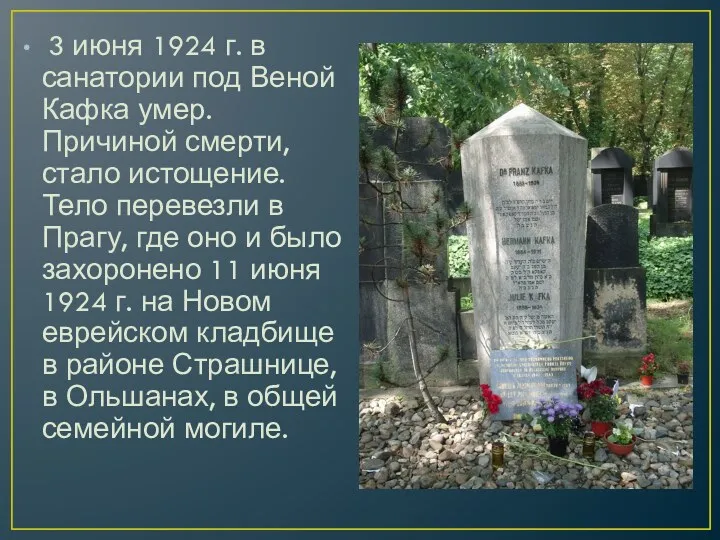 3 июня 1924 г. в санатории под Веной Кафка умер. Причиной смерти, стало