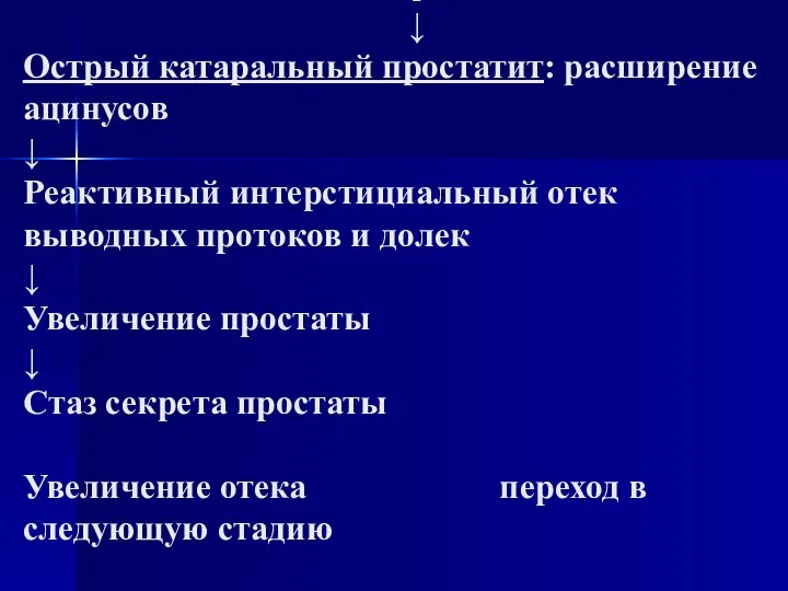 Патогенез: Инфекция ↓ Острый катаральный простатит: расширение ацинусов ↓ Реактивный