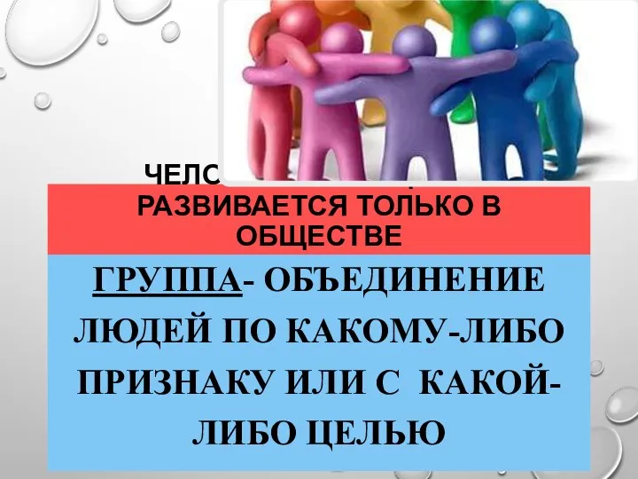 ЧЕЛОВЕК ПОЛНОЦЕННО РАЗВИВАЕТСЯ ТОЛЬКО В ОБЩЕСТВЕ ГРУППА- ОБЪЕДИНЕНИЕ ЛЮДЕЙ ПО