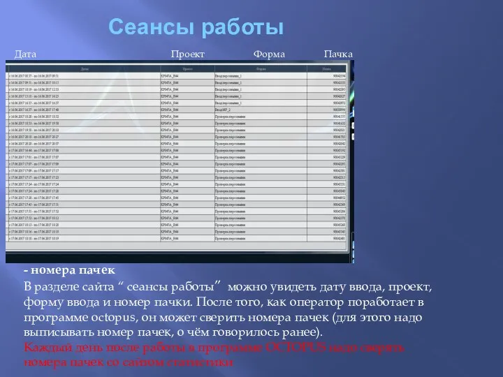 Сеансы работы - номера пачек В разделе сайта “ сеансы