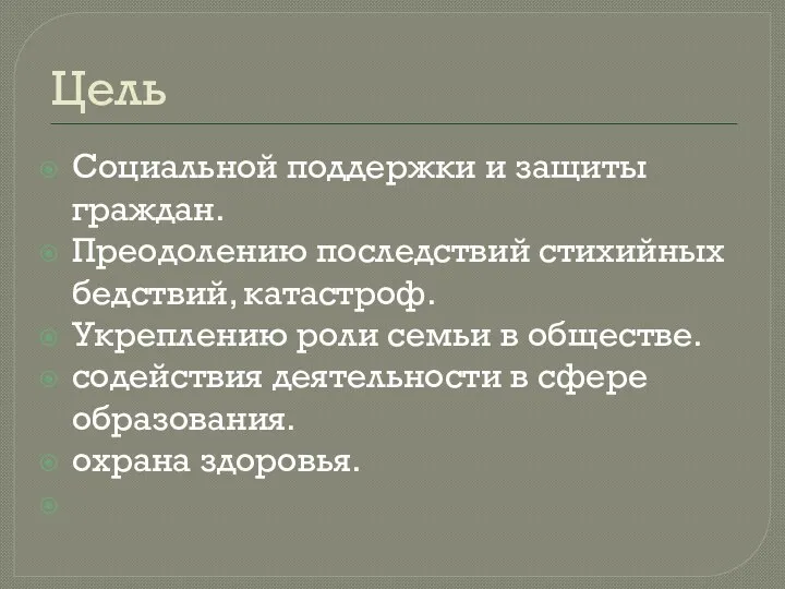 Цель Социальной поддержки и защиты граждан. Преодолению последствий стихийных бедствий,