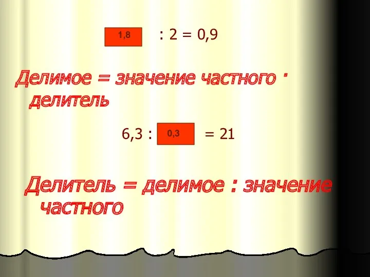 : 2 = 0,9 Делимое = значение частного · делитель