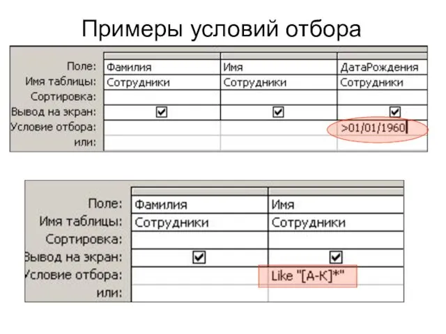 Примеры условий отбора