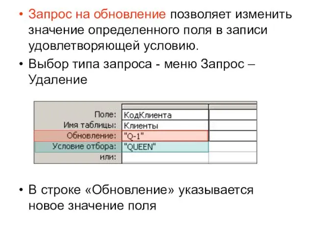 Запрос на обновление позволяет изменить значение определенного поля в записи