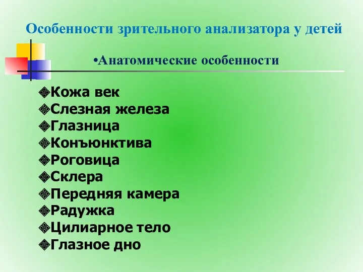 Особенности зрительного анализатора у детей Анатомические особенности Кожа век Слезная