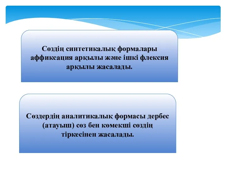 Сөздің синтетикалық формалары аффиксация арқылы және ішкі флексия арқылы жасалады.