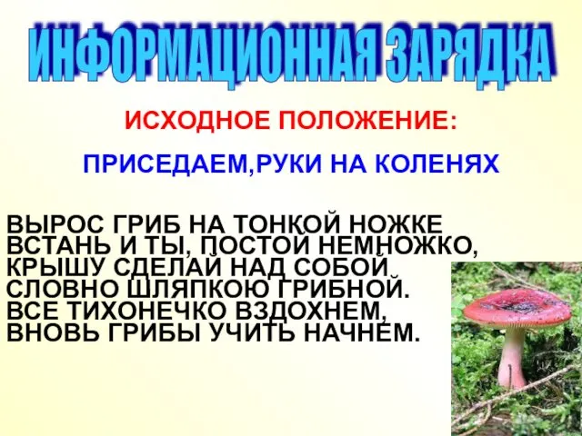 ВЫРОС ГРИБ НА ТОНКОЙ НОЖКЕ ВСТАНЬ И ТЫ, ПОСТОЙ НЕМНОЖКО,