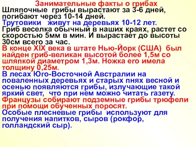 Занимательные факты о грибах Шляпочные грибы вырастают за 3-6 дней,