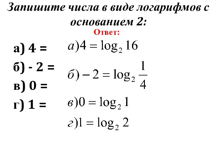 Запишите числа в виде логарифмов с основанием 2: а) 4 = б) -