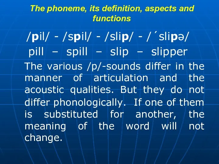 The phoneme, its definition, aspects and functions /pil/ - /spil/