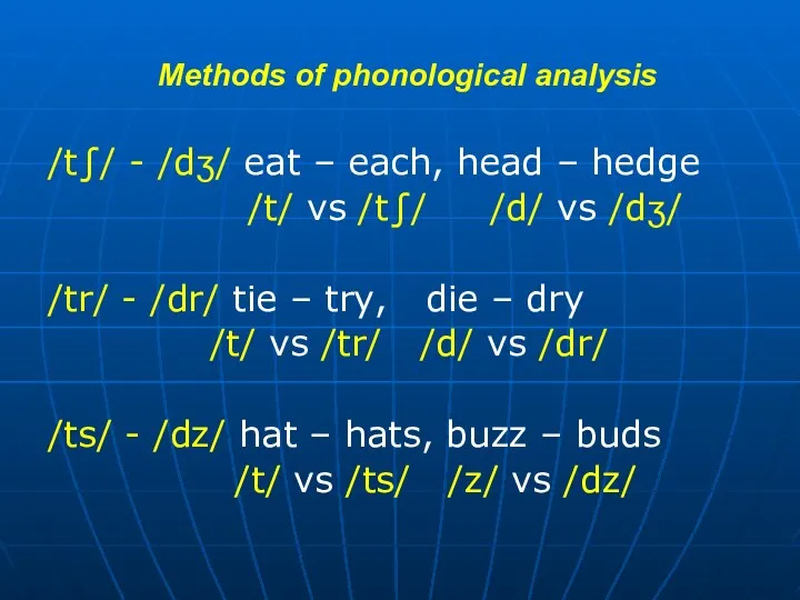 Methods of phonological analysis /t∫/ - /dʒ/ eat – each,