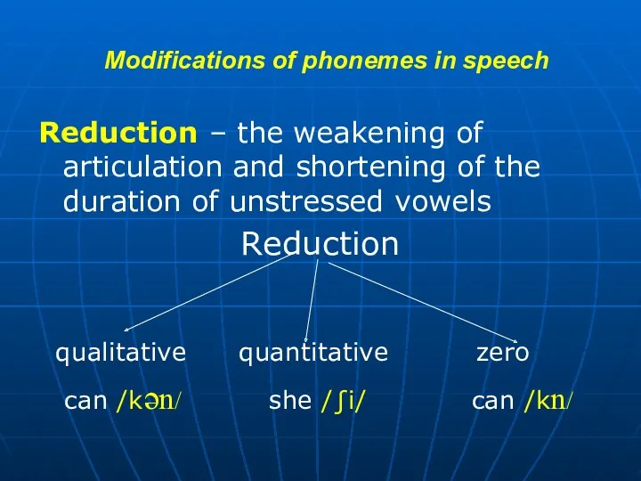 Modifications of phonemes in speech Reduction – the weakening of