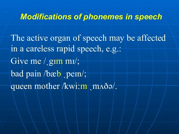 Modifications of phonemes in speech The active organ of speech