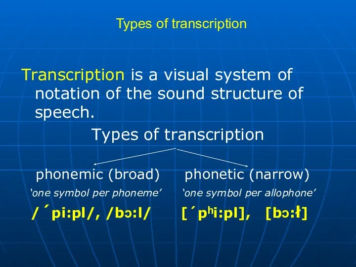 Types of transcription Transcription is a visual system of notation