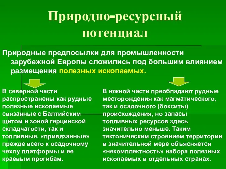 Природно-ресурсный потенциал Природные предпосылки для промышленности зарубежной Европы сложились под