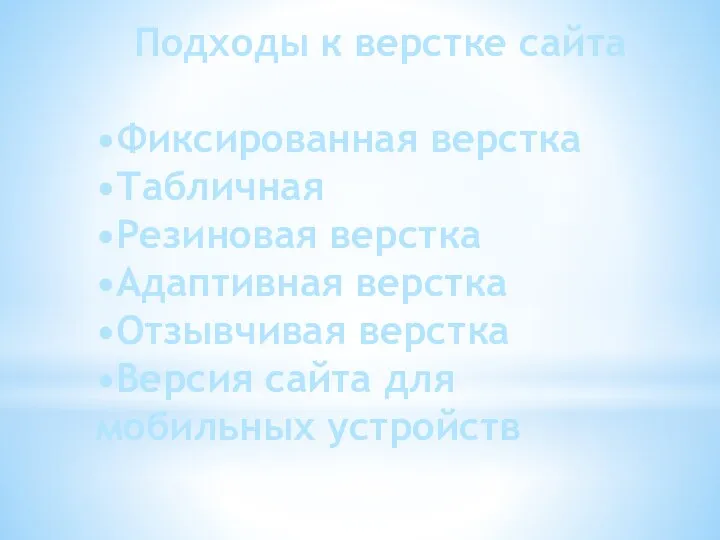 Подходы к верстке сайта •Фиксированная верстка •Табличная •Резиновая верстка •Адаптивная