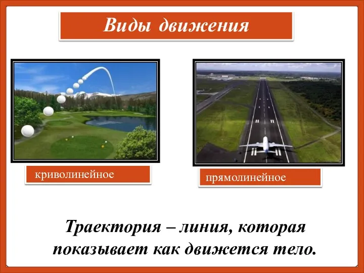 Виды движения Траектория – линия, которая показывает как движется тело. криволинейное прямолинейное