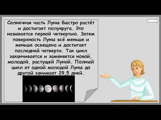 Солнечная часть Луны быстро растёт и достигает полукруга. Это называется