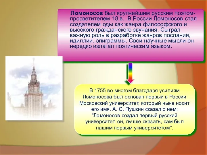 Ломоносов был крупнейшим русским поэтом-просветителем 18 в. В России Ломоносов