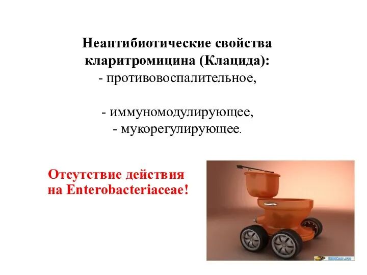 Неантибиотические свойства кларитромицина (Клацида): - противовоспалительное, - иммуномодулирующее, - мукорегулирующее. Отсутствие действия на Enterobacteriaceae!