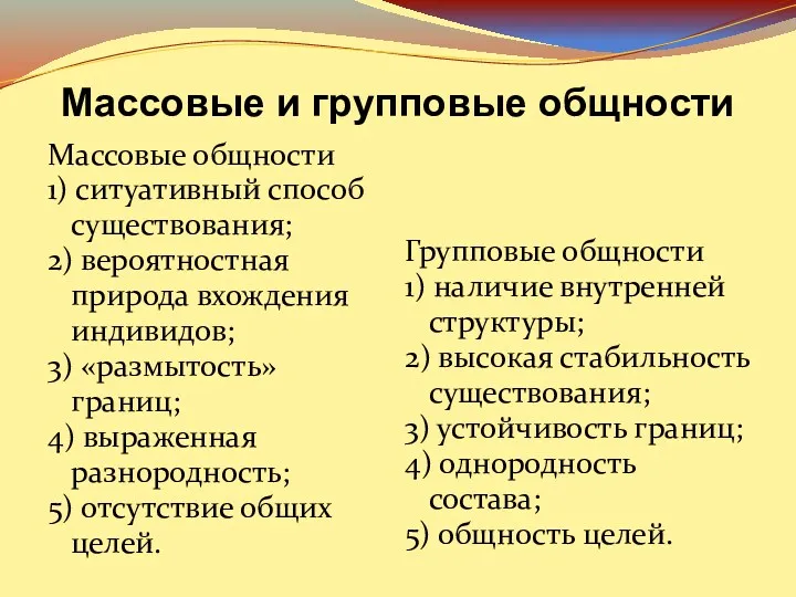 Массовые и групповые общности Массовые общности 1) ситуативный способ существования;