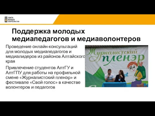 Поддержка молодых медиапедагогов и медиаволонтеров Проведение онлайн-консультаций для молодых медиапедагогов