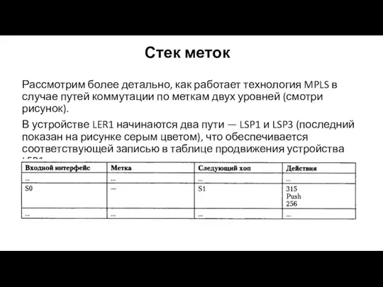 Стек меток Рассмотрим более детально, как работает технология MPLS в