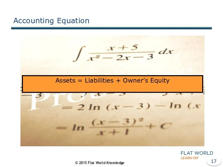 Accounting Equation © 2015 Flat World Knowledge Assets = Liabilities + Owner’s Equity